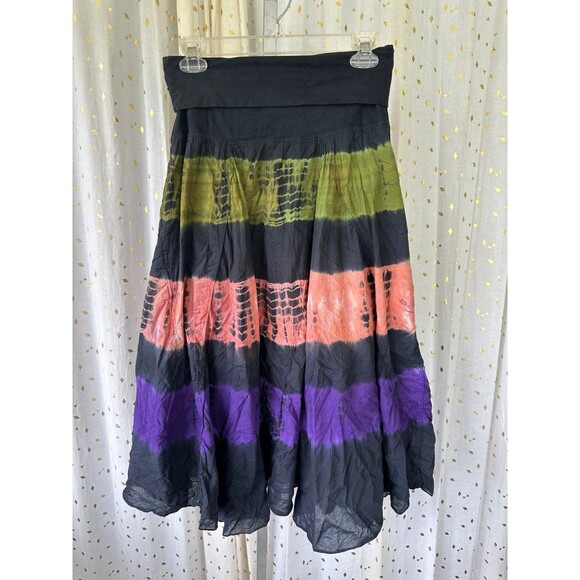 Now And Then Bohemian Stripe Tie Dye Fold Over Whimsical Flare Midi Maxi Skirt S - Picture 2 of 5